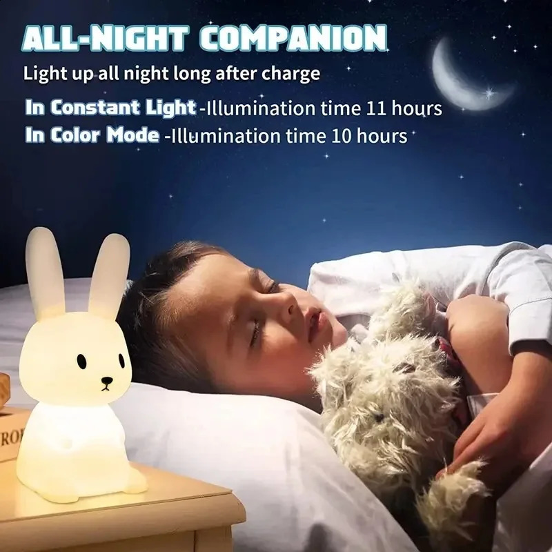 LED night light silicone rabbit touch sensor light cute animal light bedroom decoration gift childrens table light home decoration 250411