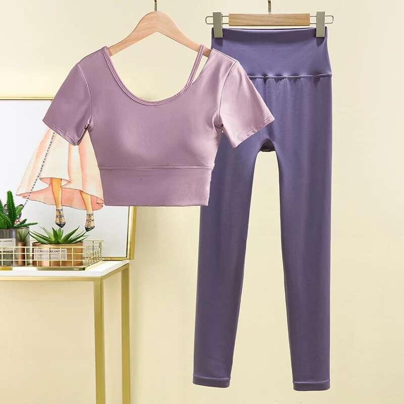 Women's Suit Short Sleeve Top Yoga Shirt Sports T-shirt Running Fiess Leggings Gym Set