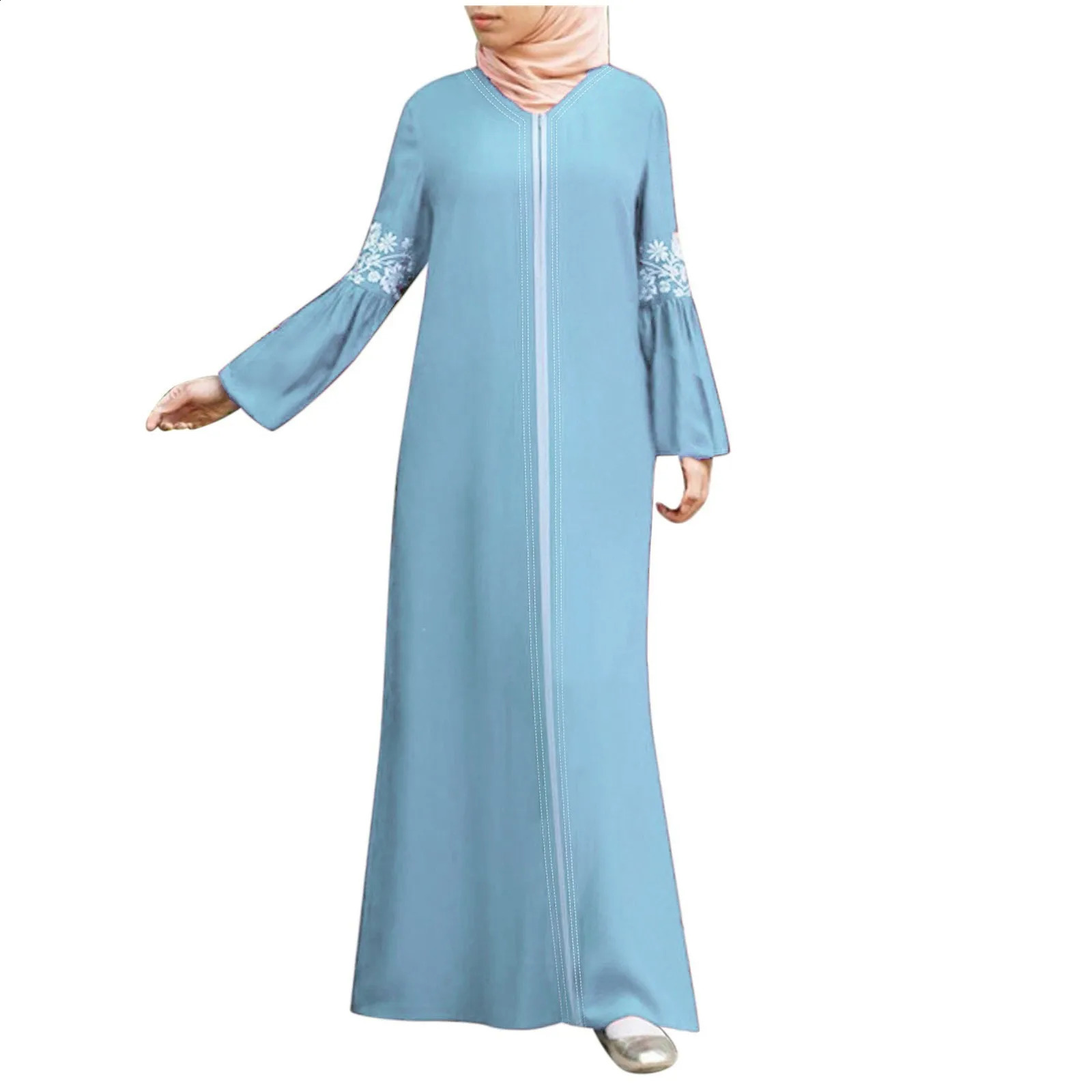 Elegant womens Muslim dress ed Kaftan zipper Abaya Islamic floor length solid plus size robe 250411