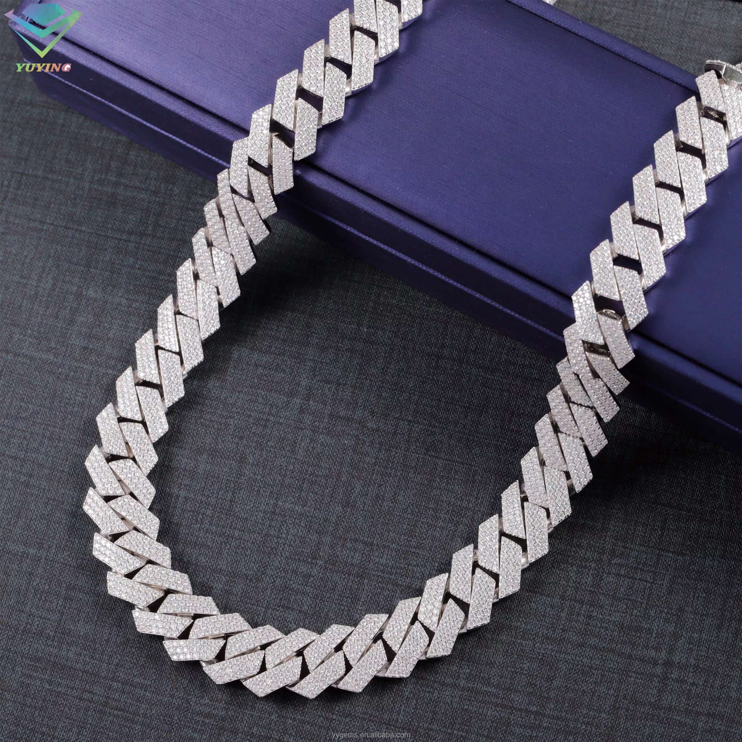 Heavy Silver 15MM 3Rows Cuban Chain Necklace 18k White Gold Plated VVS Moissanite Diamond Cuban Link Chain