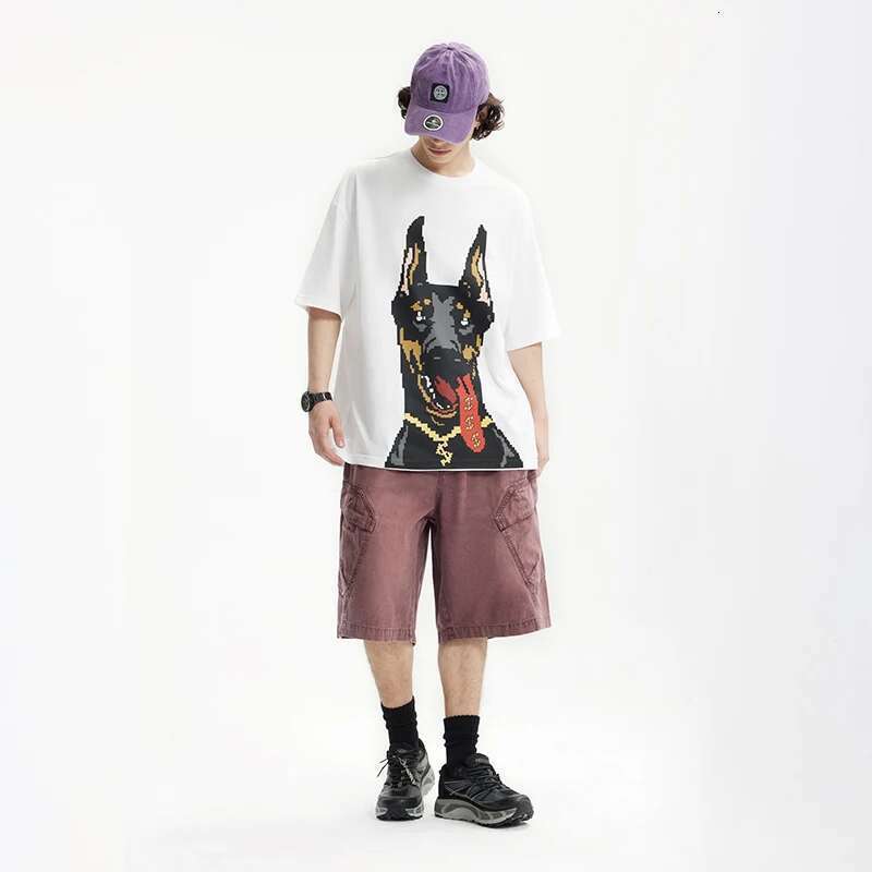 Glow-In-The-Dark Doberman Print T-Shirt American Streetwear Loose Fit 100% Cotton Short Sleeve For Men