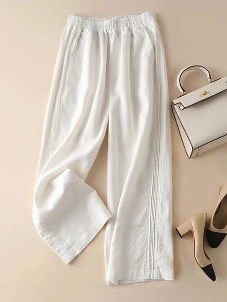 Loose Simple Comfort Ankle pants Retro Versatile Summer Womens Pants High Waist Straight Cotton Linen Wide Leg Pants Women 250411