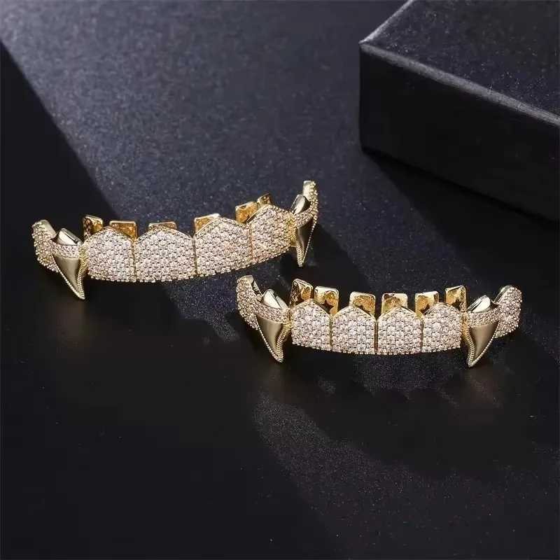 Hip Hop Full CZ Stones Teeth Grillz Hat Cube Zircon Ice Out Mini Paving Mens and Womens Jewelry Top and Bottom Charm Grill W250412