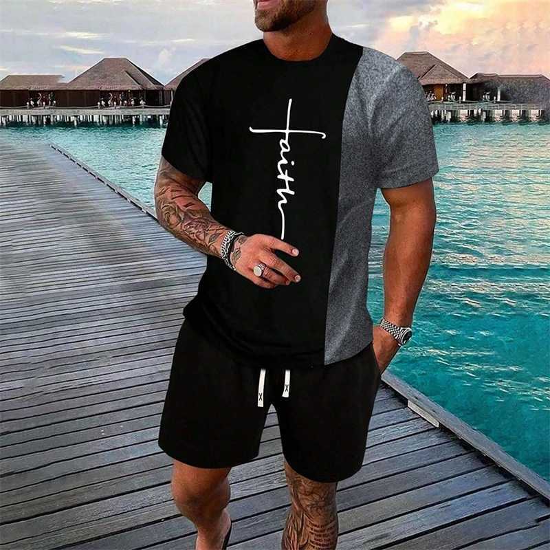 Simple cross print summer casual short sleeved set T-shirt color round neck short sleeved mens 2-piece setXJ250412