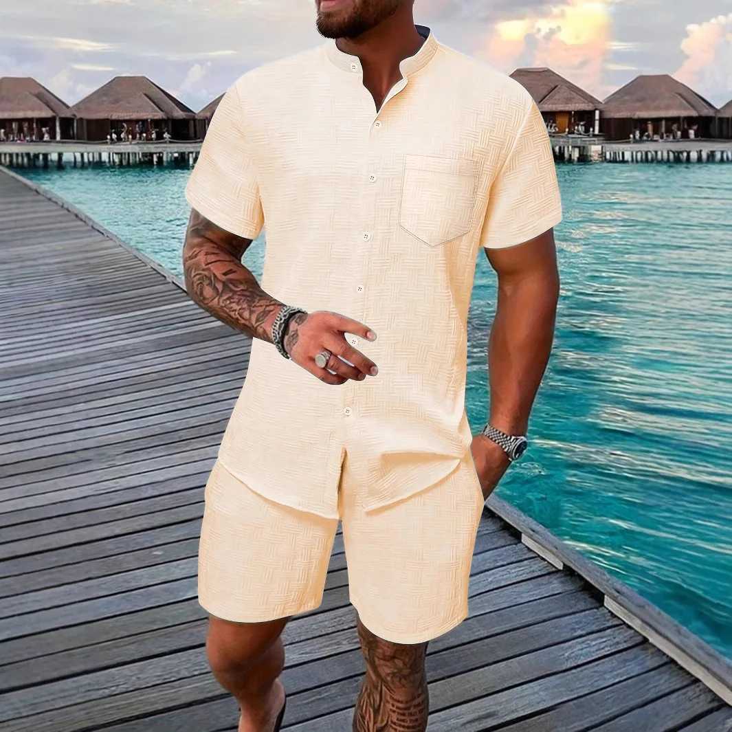 2025 European and American mens summer stand up collar solid color casual short sleeved beach setXJ250412