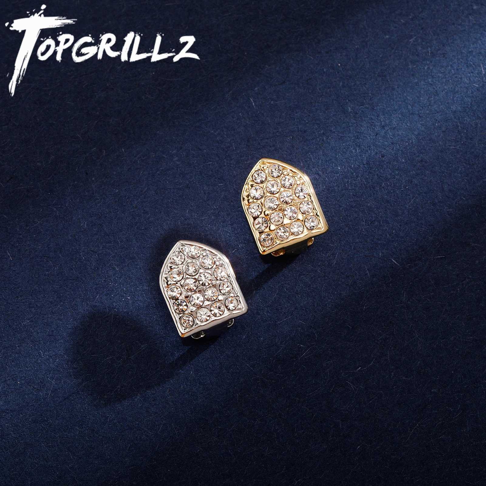 TOPGRILLZ Rap Singer Single Shakl Teeth Grilz Hip Hop Hat Top Bottom Dental Bracket Gold Metal Personalized Dental Jewelry W250412
