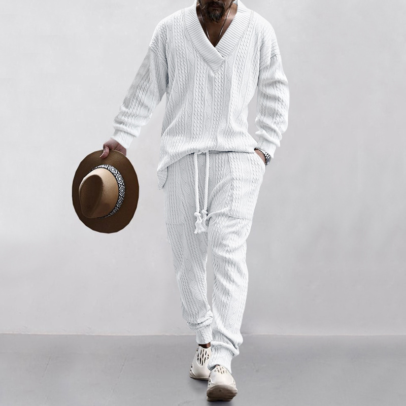 2025 Spring/Spring Men's Jacquard loose knit solid color leisure V-neck long-sleeved knit suit m099