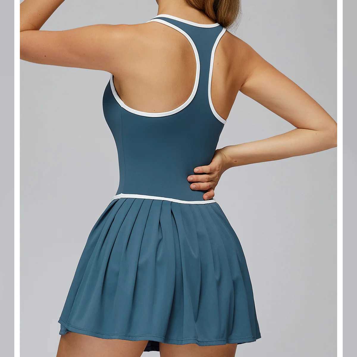 Women Fitness Yoga Dress One-piece Tennis Dress V Neck Racerback Built in Bra with Inner Separate Shorts Pockets Sports Dress J251112