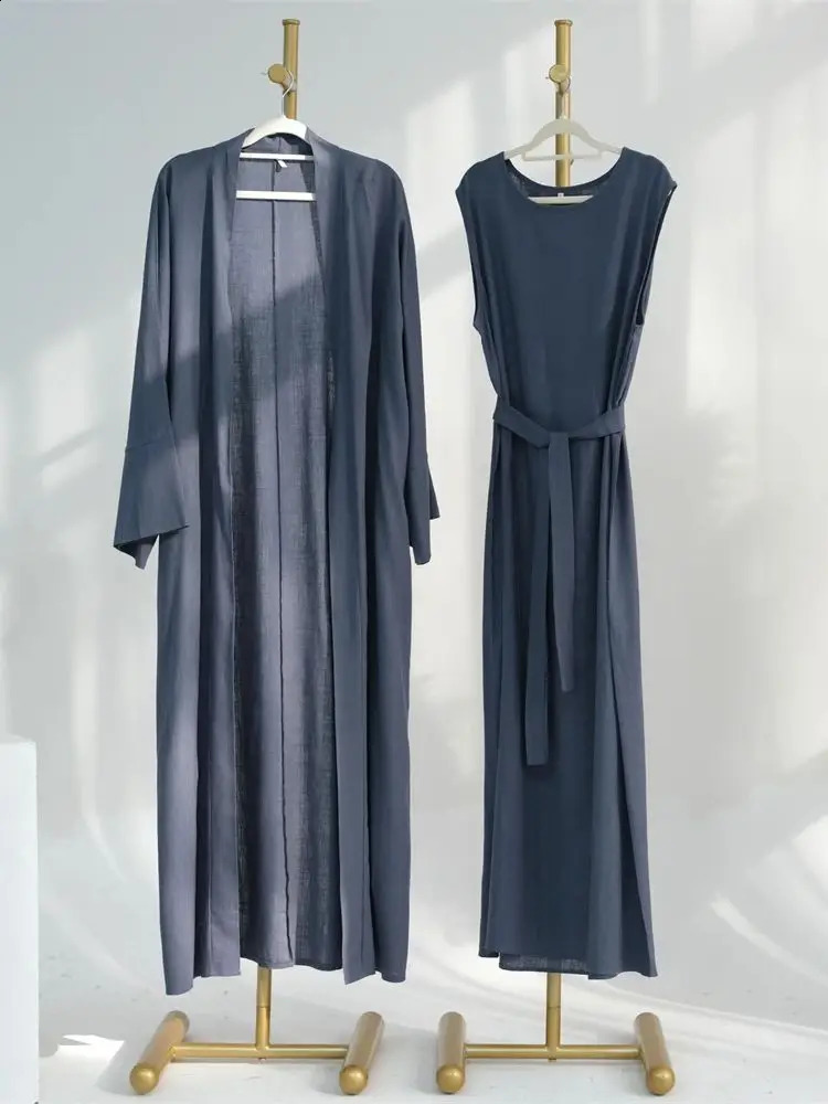 Eid al Fitr Summer Cotton Linen Kimono Coat Dubai Open Abaya Muslim Womens Set Retro Kaftan Humble Dress Islamic Clothing Ka 250411