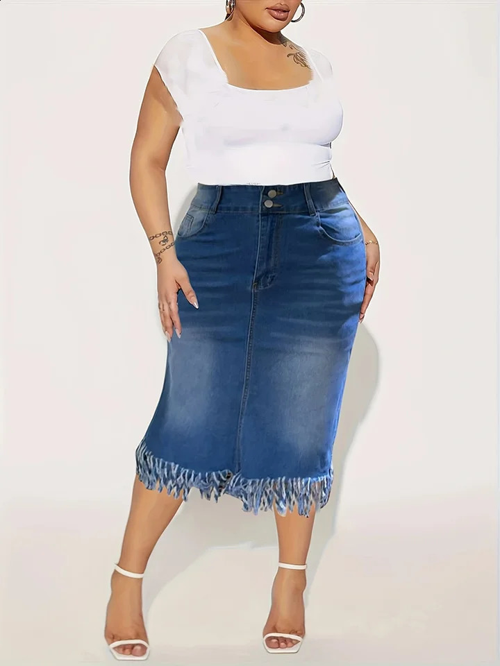 Womens Fringe Long Jean Skirts Fashion Casual Comforts Slim Mid Waist Stretch Denim Plus Size Half Skirt Four Seasons of Wear 250407