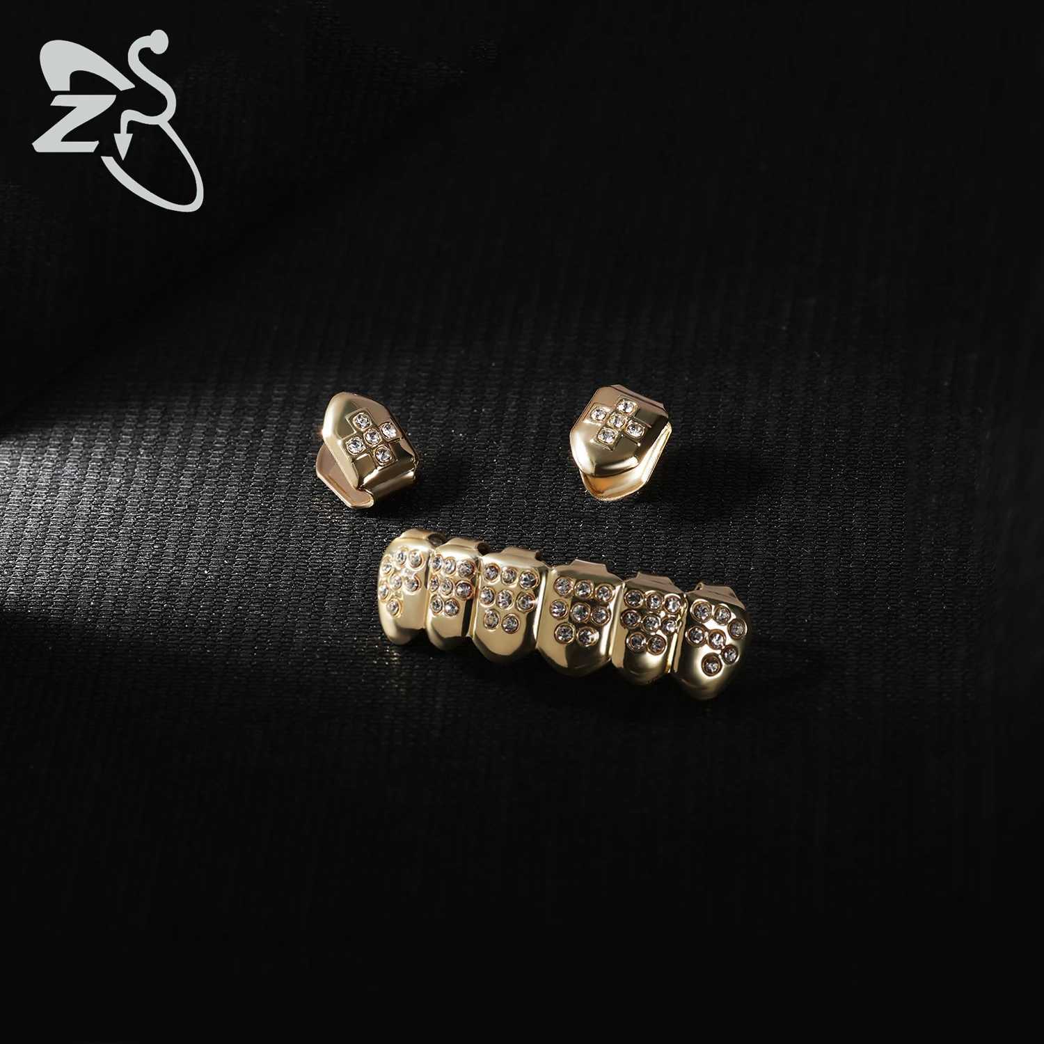 ZS 1 Set Hip Hop 18K Gold Plated Grillz Mens Teeth Shining CZ Crystal Cross Gap Grillz Colored Zircon Upper and Lower Teeth Jewelry W250412