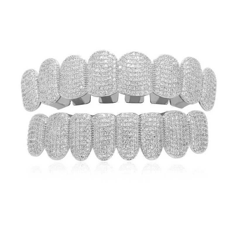 Hip Hop Iced Out Zircon Teeth Grill is suitable for women and mens body piercing jewelry cubic zirconia gold teeth grill 8/8 top hat set W250412