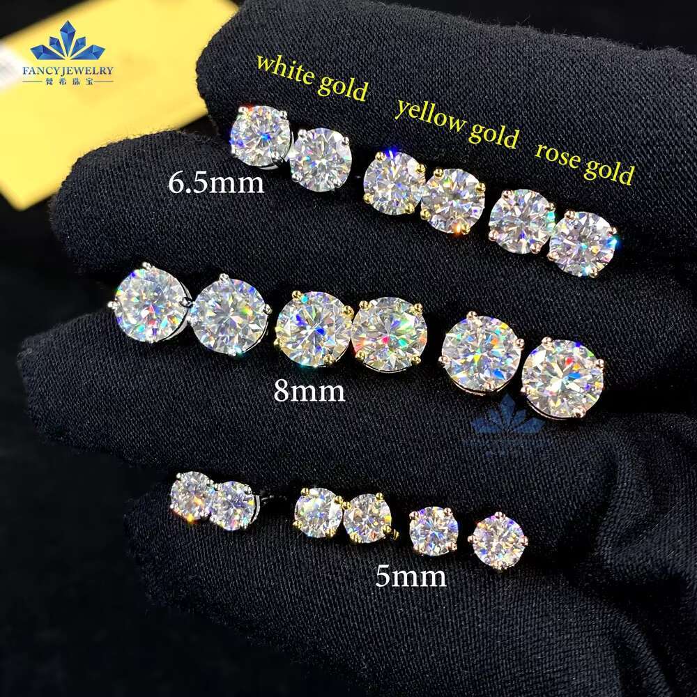 Pass Diamond Tester 6.5mm 1ct Hip Hop Earring Stud Jewelry Classic 6 Prong 925 Sterling Silver Moissanite Stud Earrings