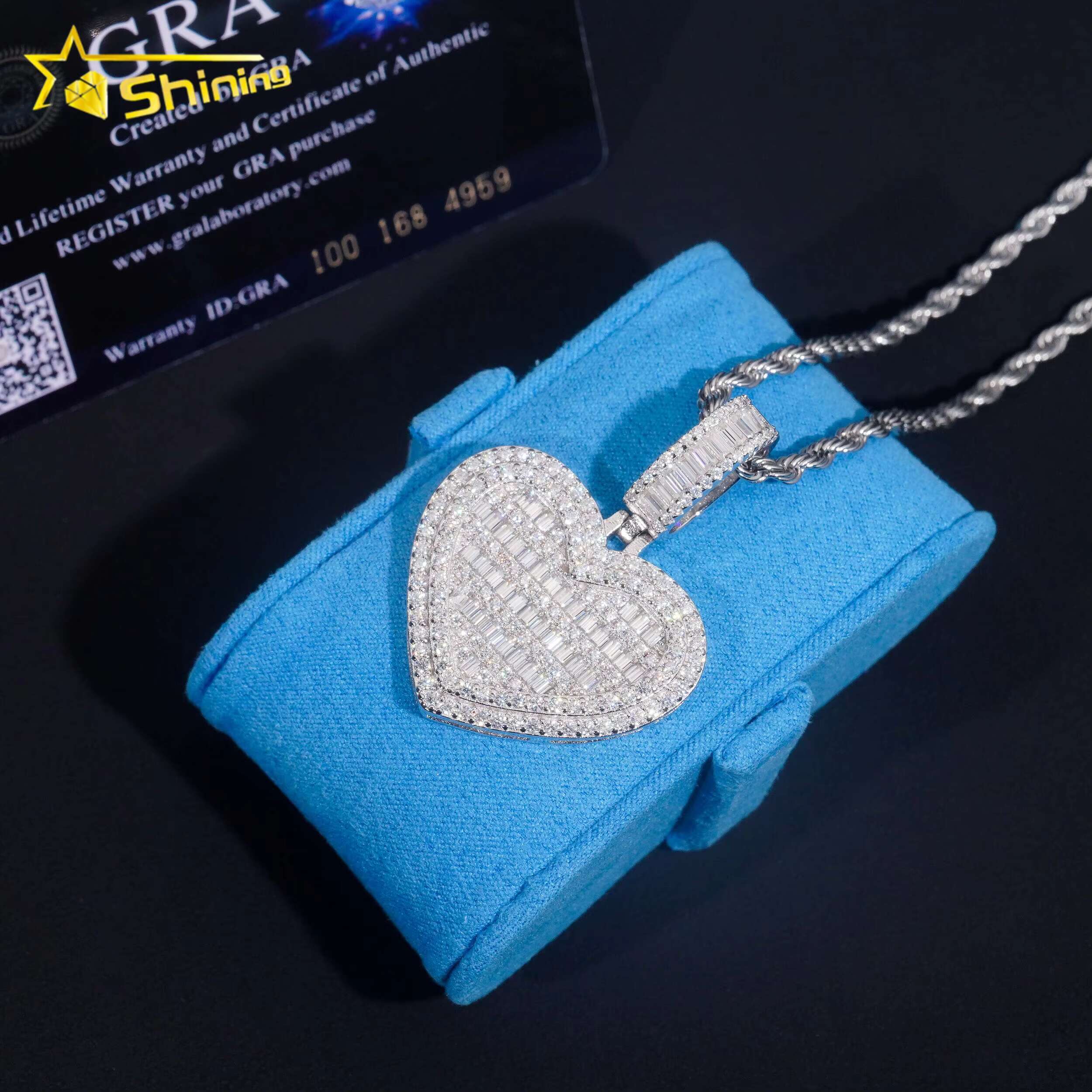 Promotion Pass Diamond Tester 925 Sterling Silver Gold Plated Custom Made Iced Out Hip Hop Heart Baguette Moissanite Pendant