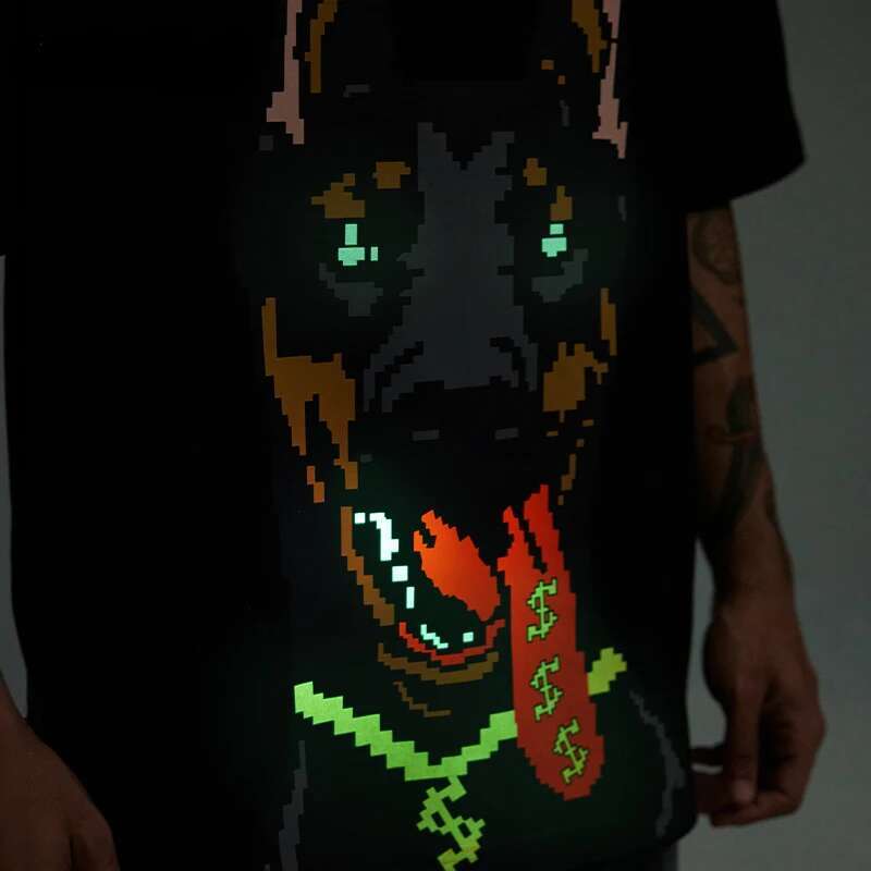 Glow-In-The-Dark Doberman Print T-Shirt American Streetwear Loose Fit 100% Cotton Short Sleeve For Men