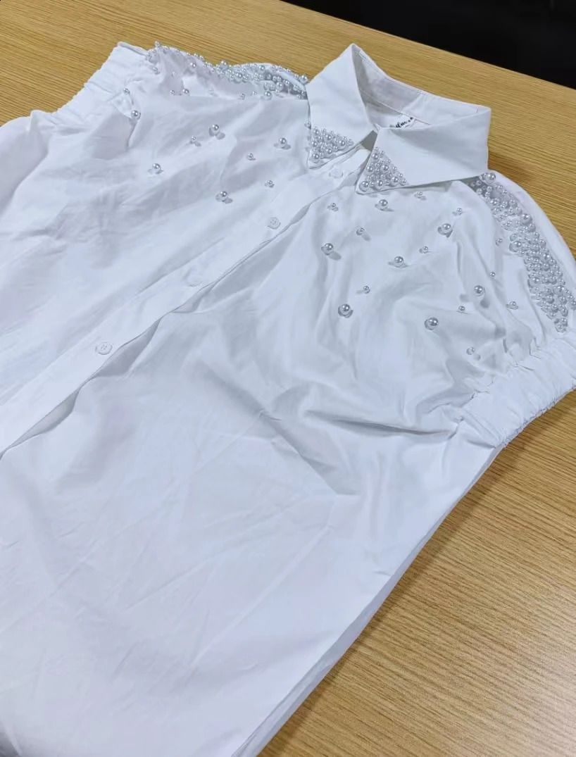 Pearls Embroidered Flares Cotton Loose Casual White Shirts Blouses For Women 2025 Summer Short Sleeve Single Breasted Top 250411