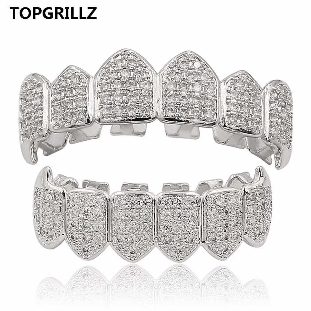 TOPGRILLZ Hip Hop Grill Iced Out AAA Zircon Square Teeth Grill Cover Top and Bottom Grill Set Mens Vampire Grill W250412