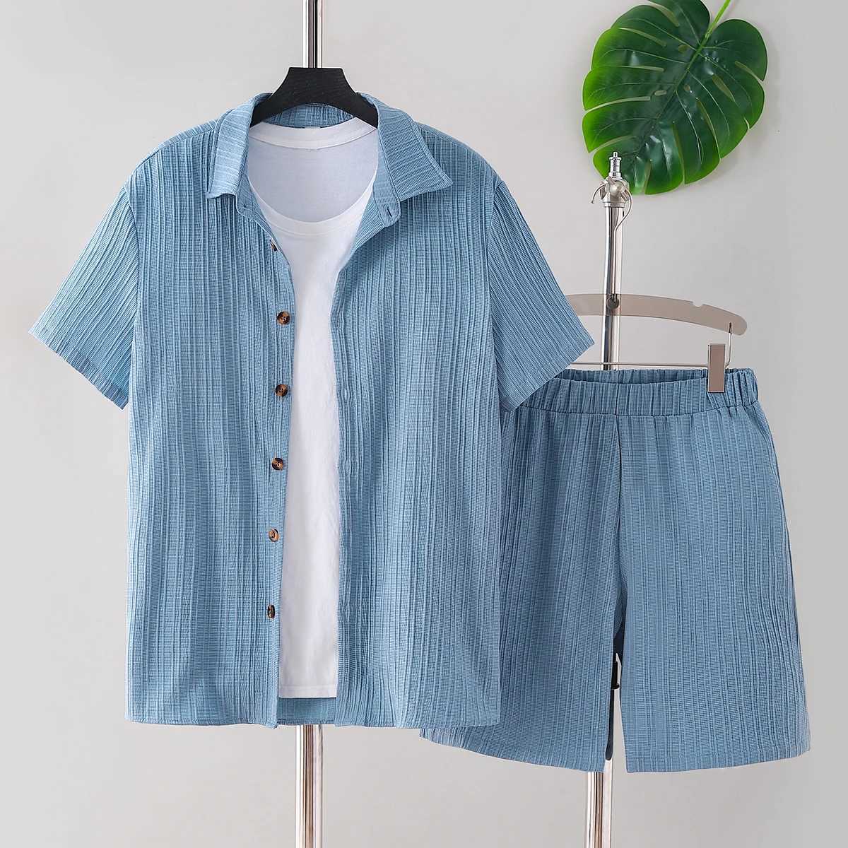 New adult summer open chest button short sleeved+loose shorts casual setXJ250412
