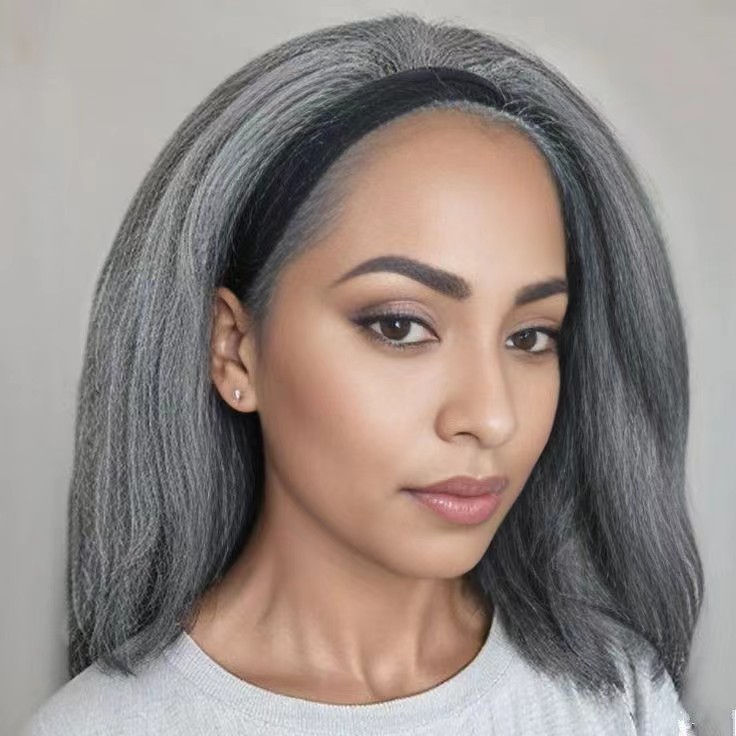 2025 Hot Selling Grey Color Kinky Straight Headband Wig Human Hair Headband 60% Gray Machine Made Wig