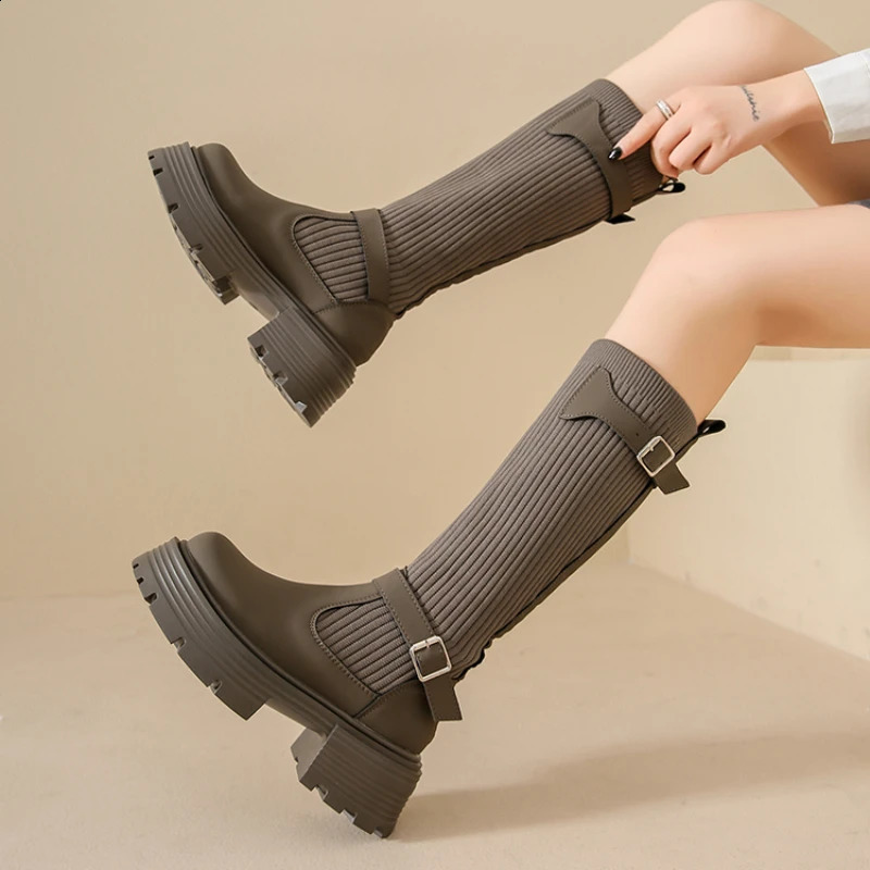 Long Boots Women Knitted Elastic Boots Retro Thick-soled Womens High Boots Knee-length Boots Elegant Boots and Women shoes 250411