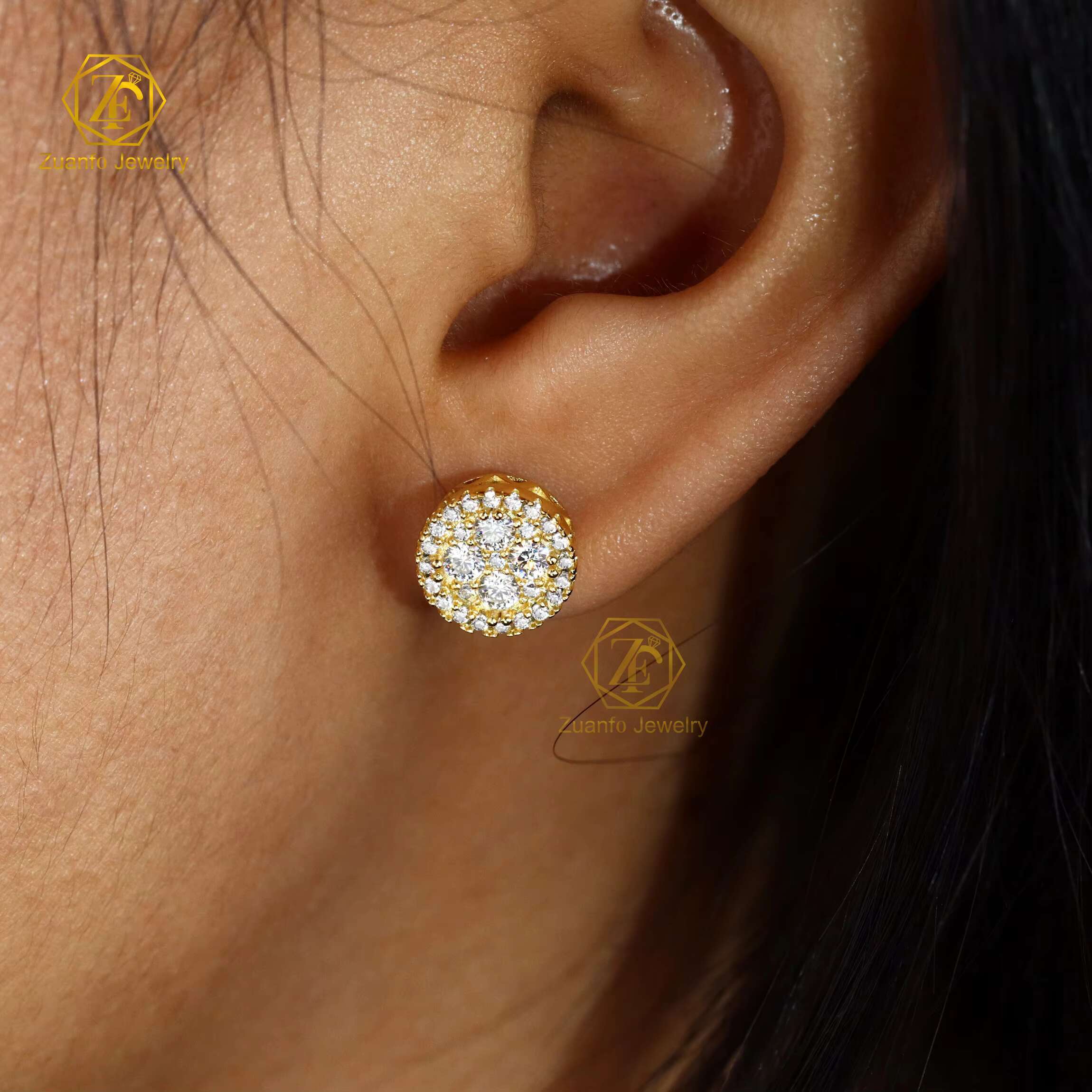 Factory Price Unisex 18K Gold Plated 925 Silver Hiphop Stud Earrings GRA Certified Moissanite Cluster Earrings Screw Back