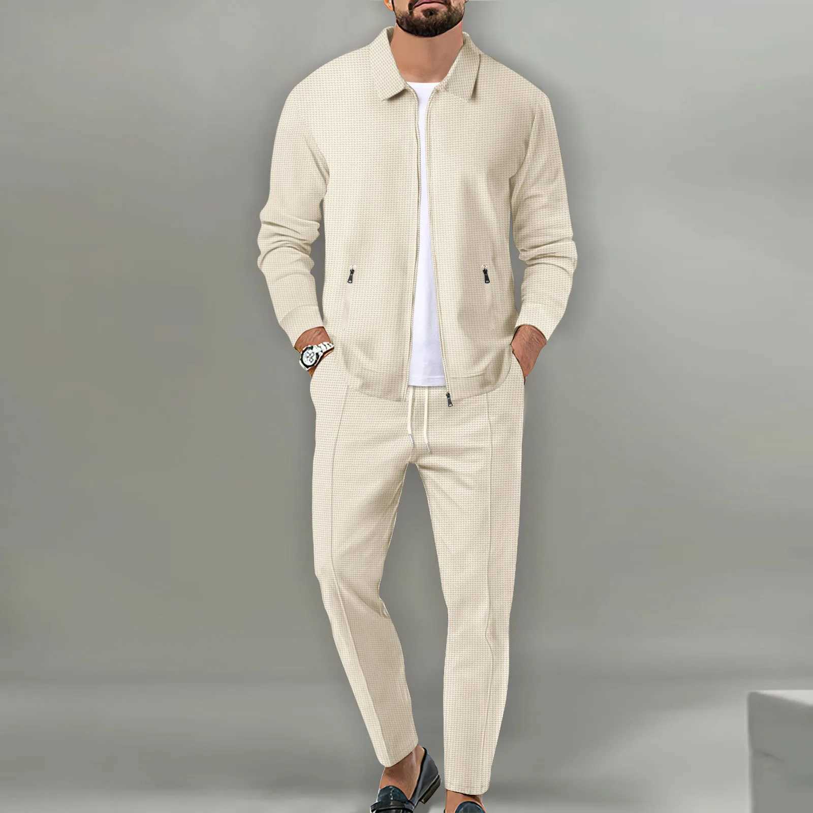 New mens jacket polo shirt 2 sets long sleeved casual fashion commercial breathable lapel pants drawstring solid color mens 2 setsXJ250412