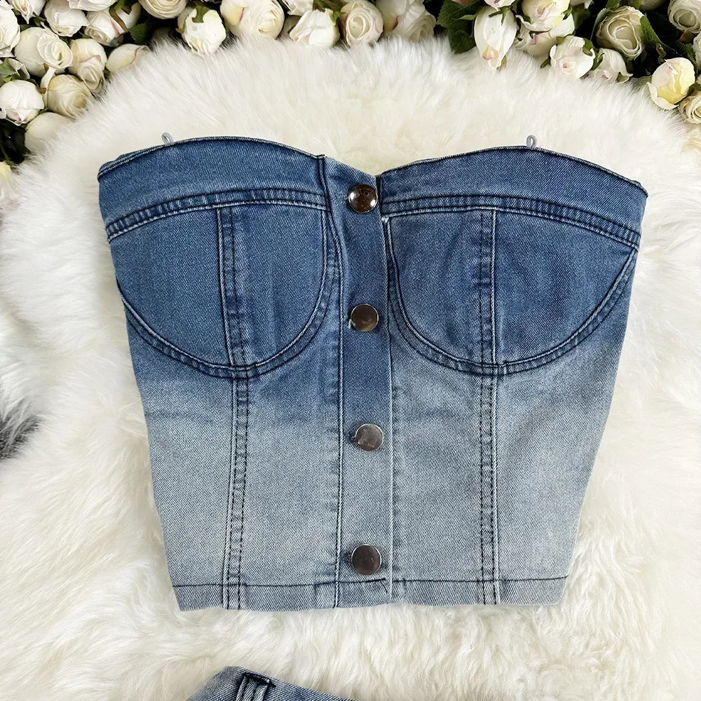 Women Denim Vest Skirt Crop Top Stets Two Pieces Sleeveless Denim Strapless Tops Slim Fit Sexy Sheath High Street Skirts Holes 250411