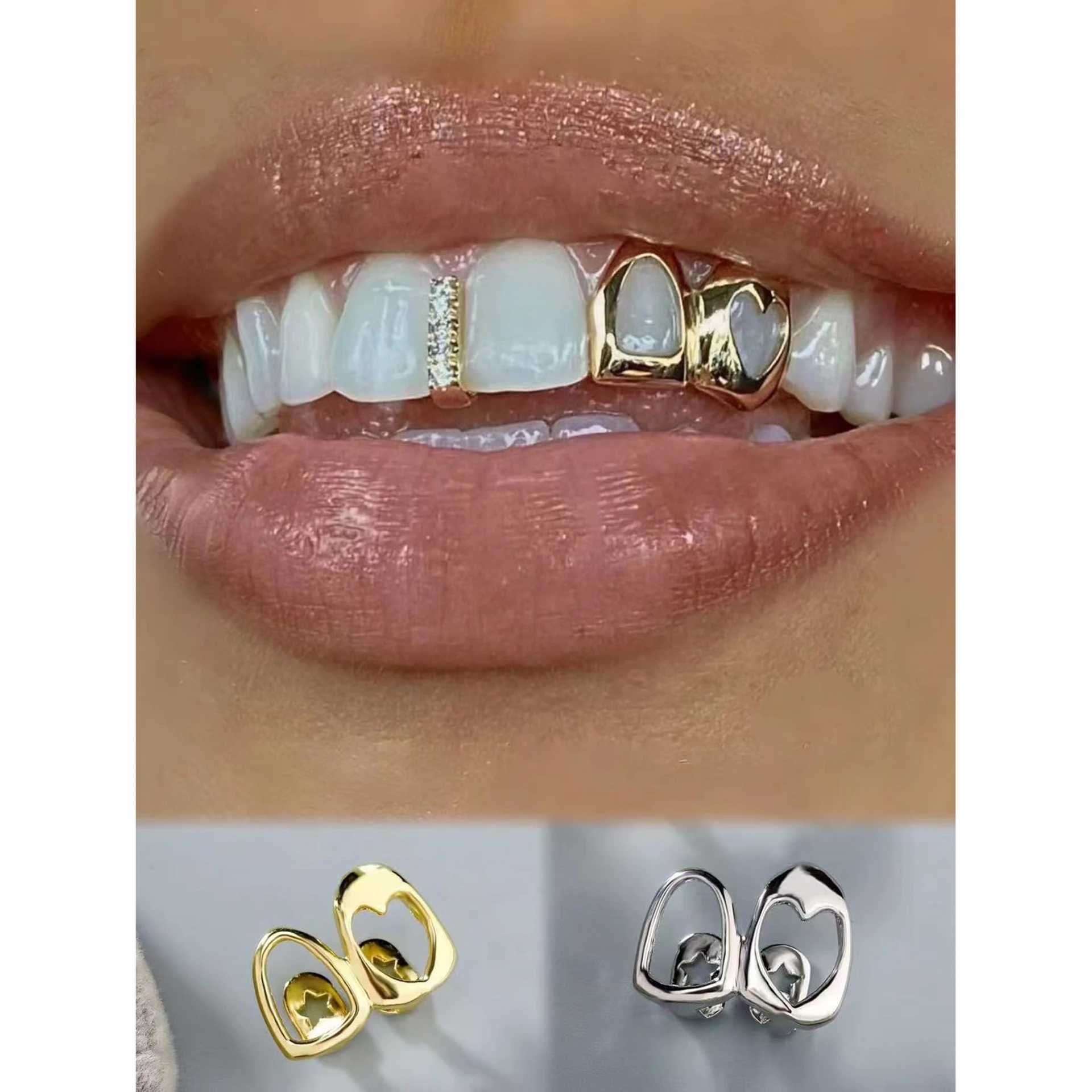 FTCY Hip Hop Hollow Heart Teeth Grillz Womens Gold Daily Wearable Teeth Jewelry Teeth Grillz W250412