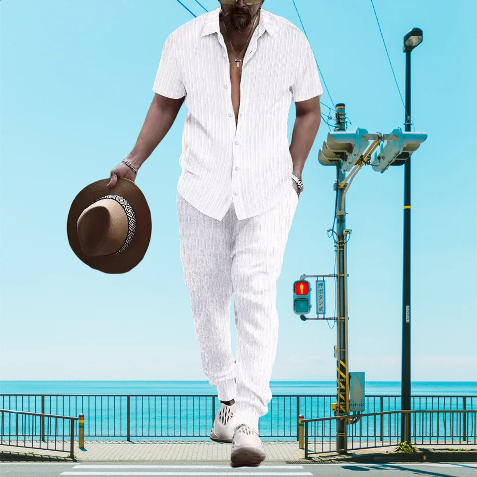 Ultra thin and lightweight summer mens casual loose short sleevedTrousers beach set casual solid color lapel set 250411