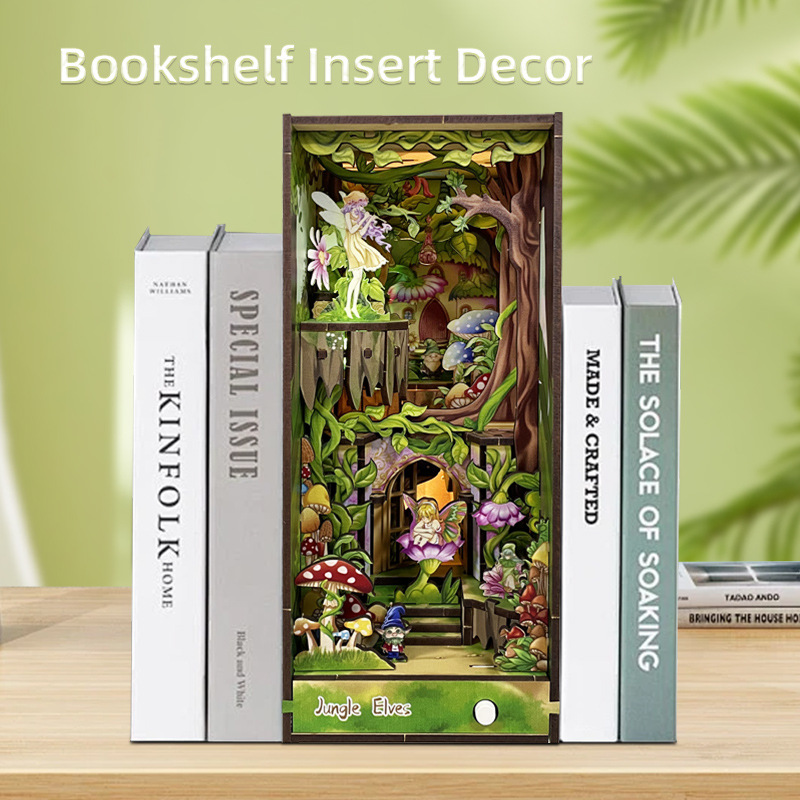 Jungle Elves & Unicorn Themed DIY Assembled Bookend, Exquisite Wooden Craft with LED Light Effect, Creative Bookshelf Insert Decor-L0319P