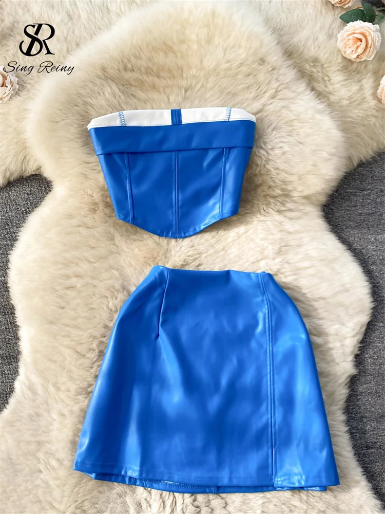 SINGREINY sweet Leather Suits for Women Strapless Mini Camis Zip Bodycon Skirt Slim High Street Fashion Sexy Two Pieces Suit 250411