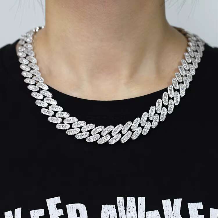 Hip Hop 16mm Wide Baguette Moissanite Diamond 18K Gold Plated Solid Silver Necklace Cuban Link Chain