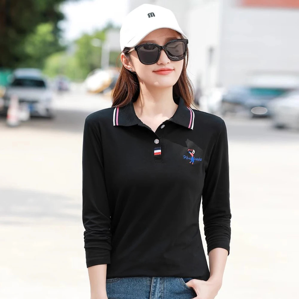 European Station Polo Neck Long sleeved T-shirt Womens Summer High end Pure Cotton Loose Fashion Casual Large Top 250411