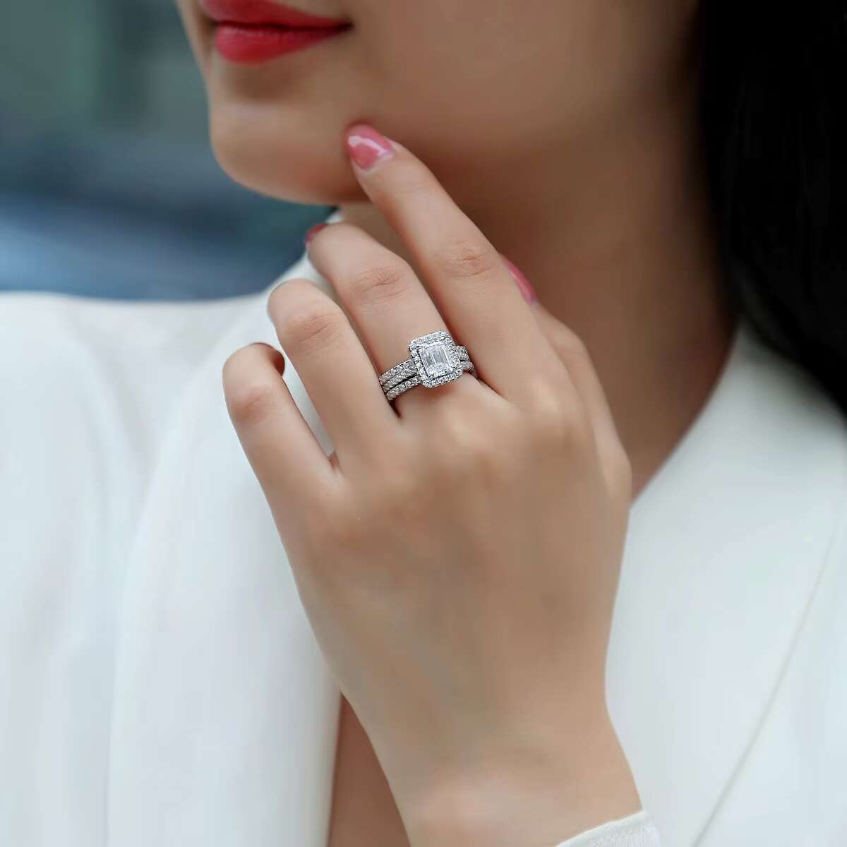 Zanlong Emerald Cut Moissanite Ring Set GRA Certified Moissanite S925 Sterling Silver Luxury Wedding Jewelry for Women