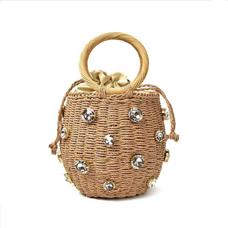 2023 New Handmade Rhine Crystal Embossed Str Bag Str Bucket Bag Womens Travel Wallet sac en paille femmeXJ250412