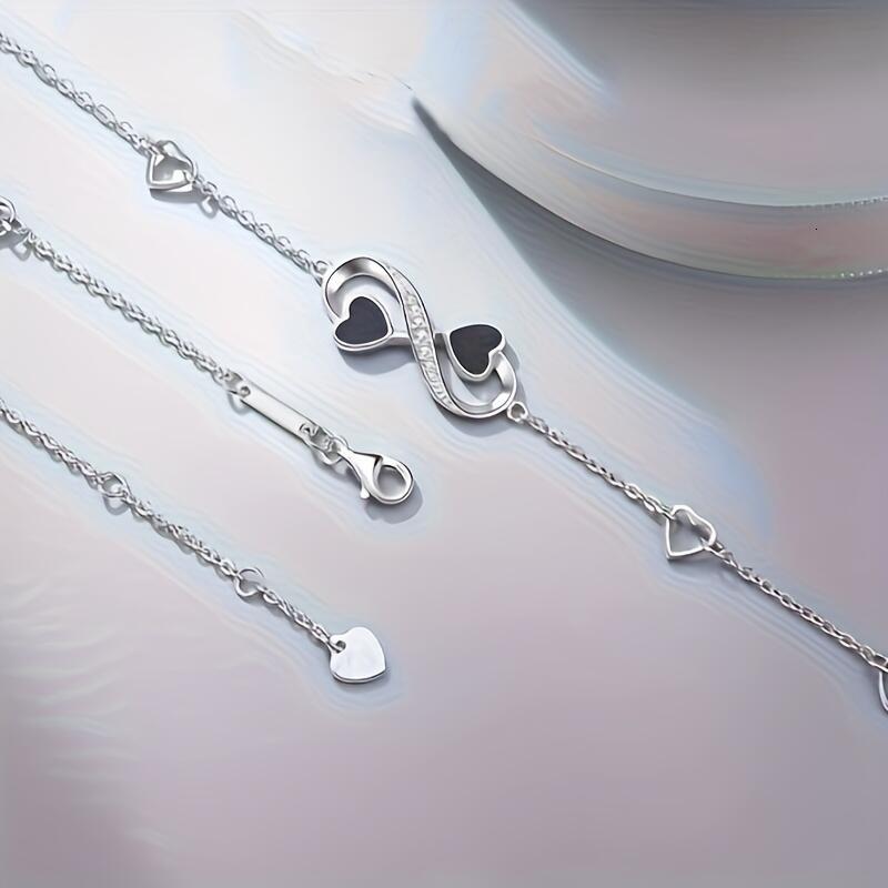 Infinite Love Heart Anklet - Sterg Sier with Black Enamel Hearts