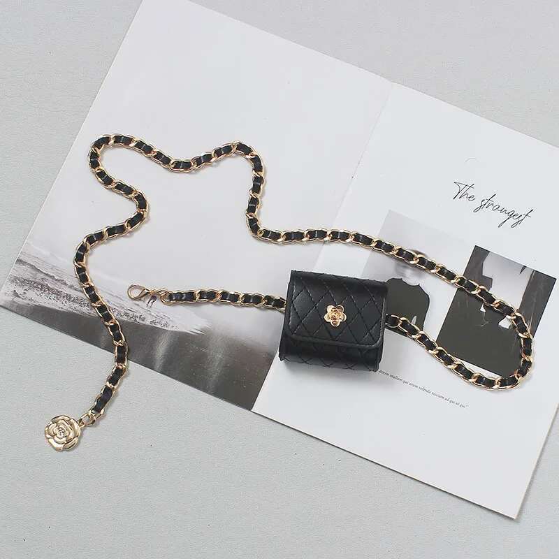 Fanny pack mini metal waist chain women's belt bag versatile decorative pants with skirt suit black