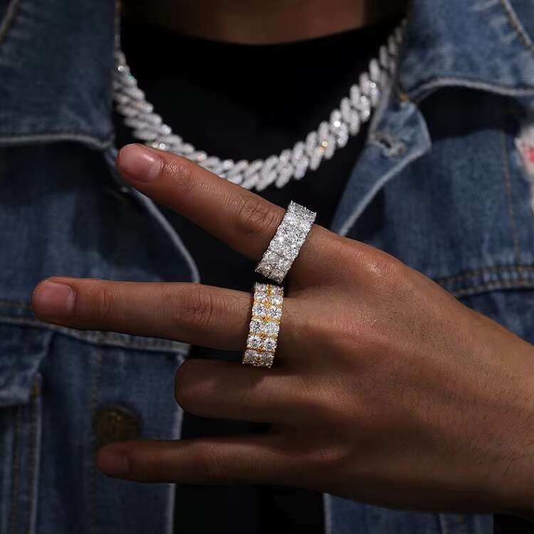Hip Hop Fashion Moissanite Ring 2rows 925 Sterling Silver Gold Plated Round Moissanite Cuban Ring for Man Women