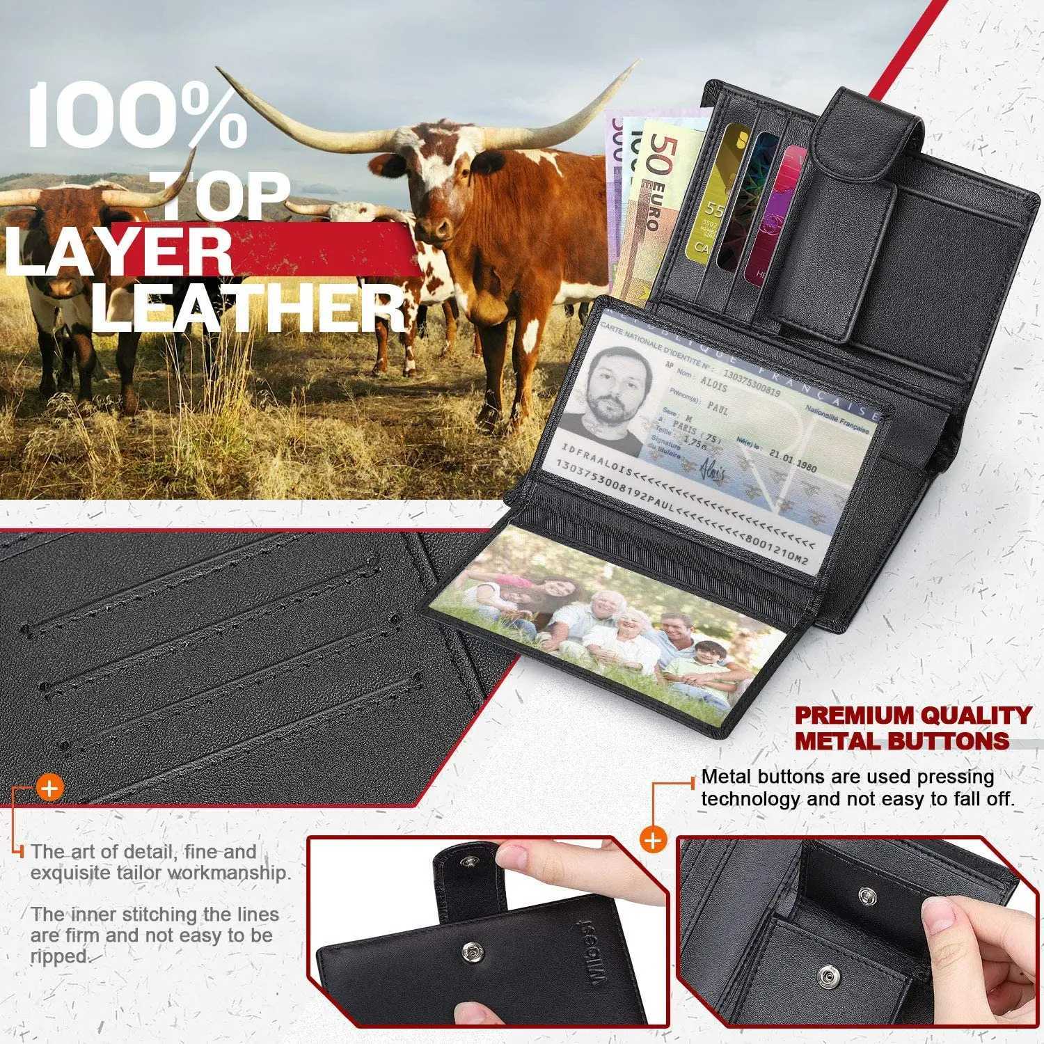 Mens leather wallet business wallet RFID card holder transparent Windows bank note coin company black Z250411