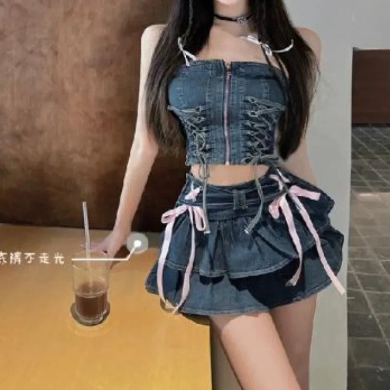 Vintage Y2k sweet Sweet 2 Piece Set Denim Mini Skirt Women Ruffle Kawaii Bow Coquette Skirt Summer Black A-line Short Suits 250411