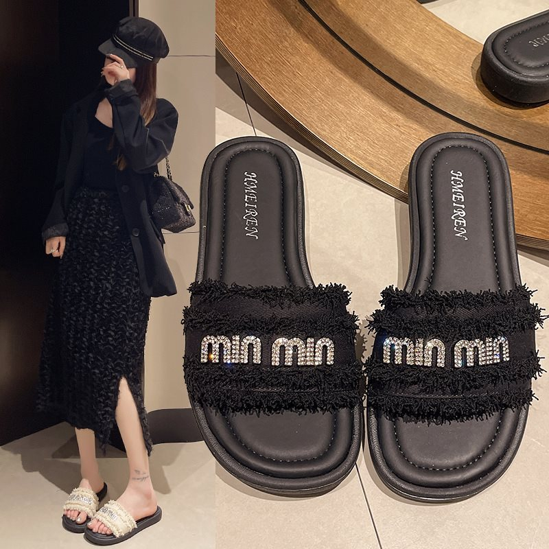 free shipping designer slippers for woman Summer outdoor indoor sandal casual black tassels vintage beach shoes