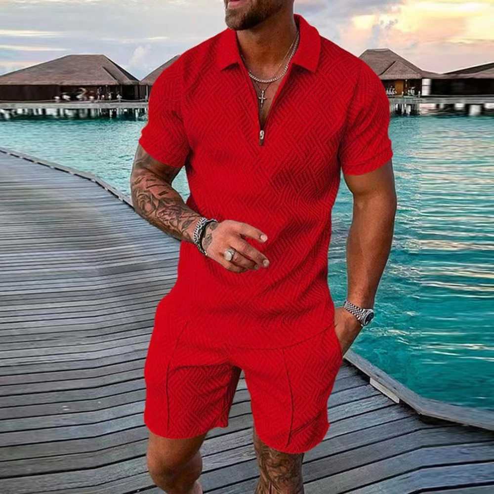 Mens sports T-shirt set casual mesh lapel short sleeved lapel top+short sleeved 2-piece solid thin sportswear black 2-piece setXJ250412