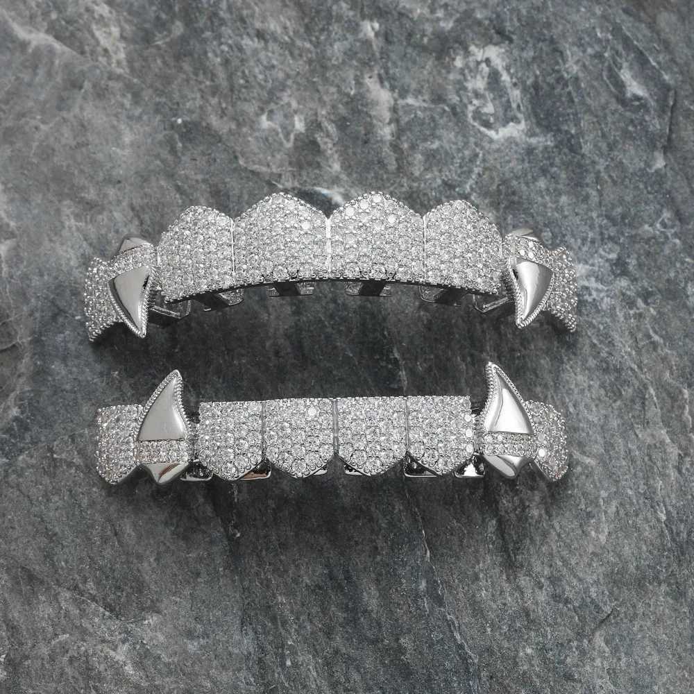 Htpwe Hip Hop Full CZ Stones Teeth Grillz Hat Cube Zircon Ice Out Mini Paving Mens and Womens Jewelry Top and Bottom Charm Grill W250412