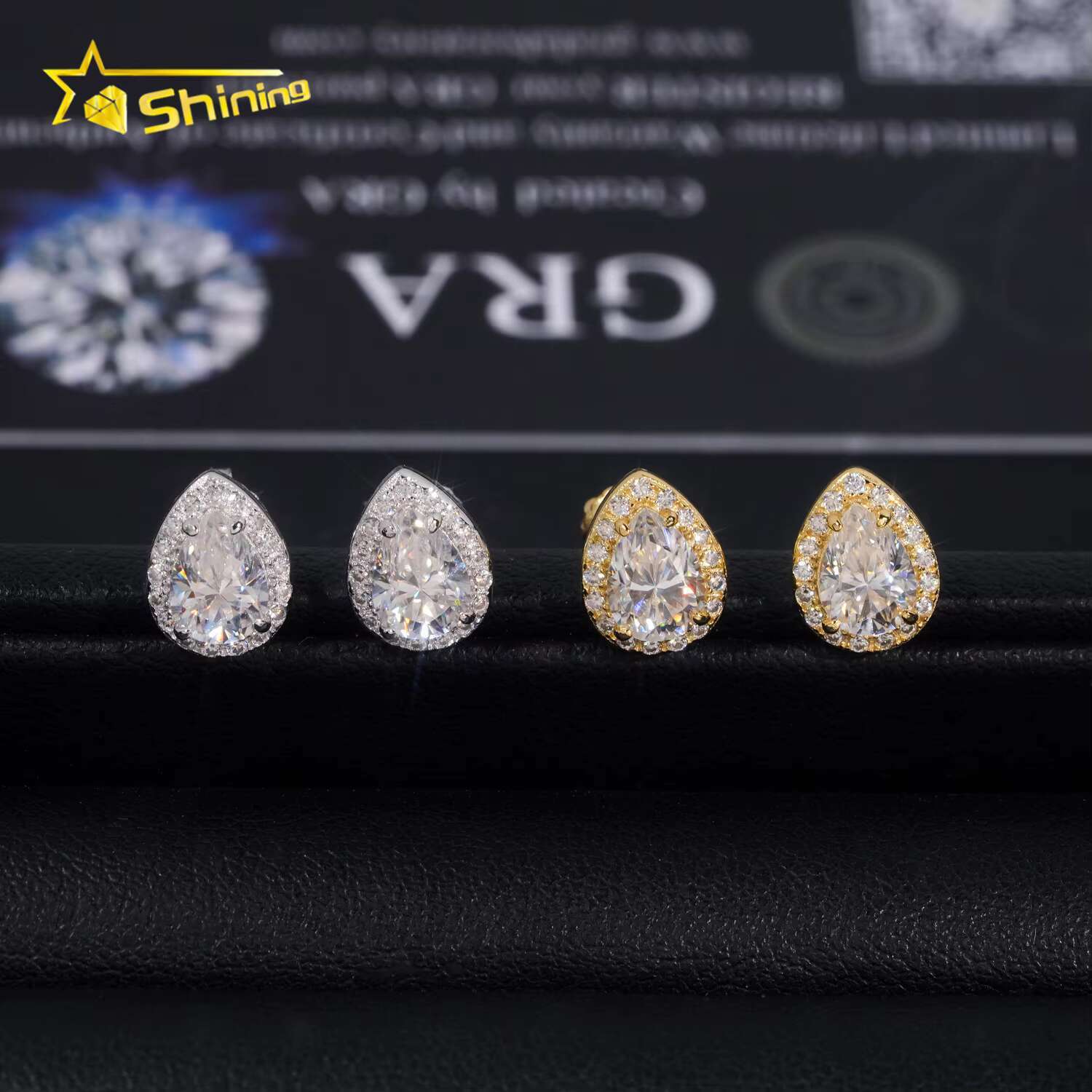 New Arrival 925 Silver Halo Design Pear Cut Moissanite Stud Earrings GRA Certificated Screw Back Women Fine Jewelry Earrings
