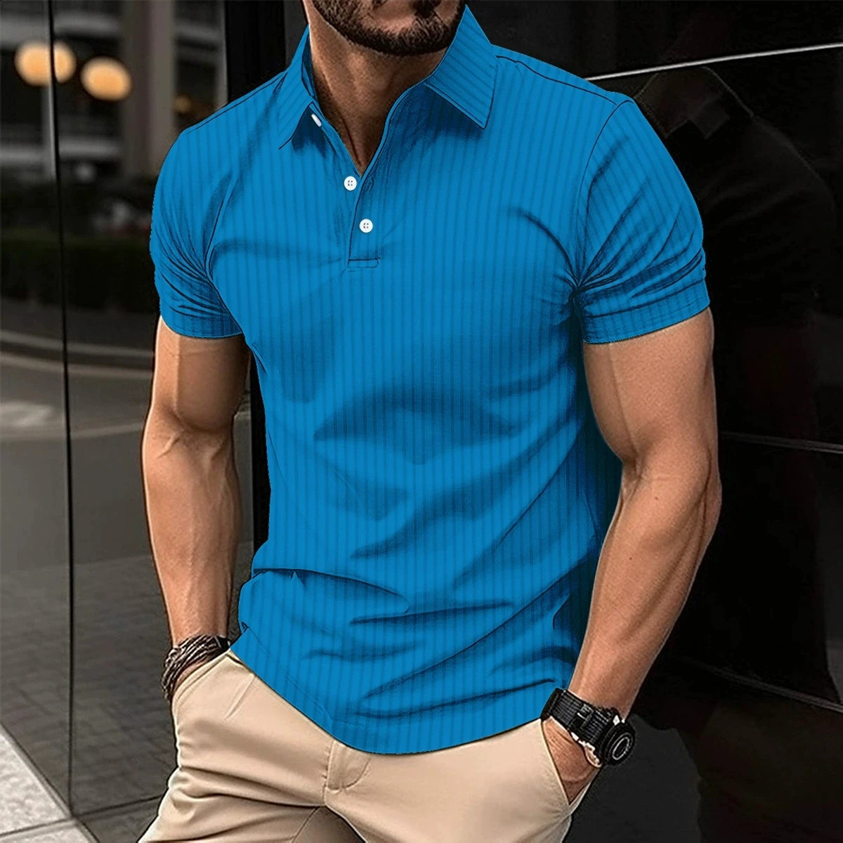 Summer Mens Daily Casual Short sleeved Polo Shirt Fashion Stretch Vertical Bar Sports Button Short sleeved Polo Shirt 250411