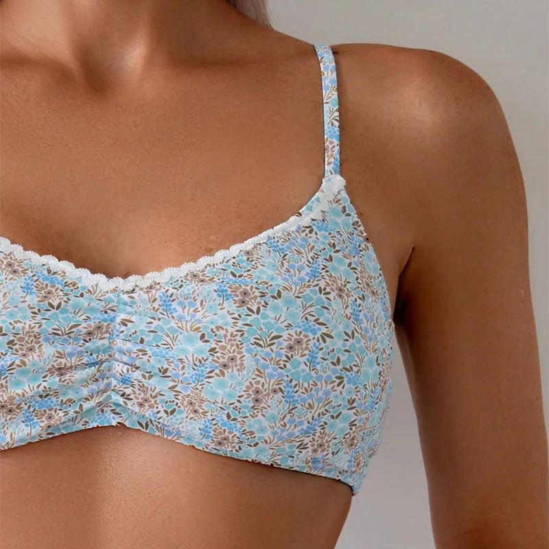 Floral Printed Bikini Set Womens Light Blue Lace 2-piece Swimsuit V-neck Pendant Backless Beach Resort Swimsuit 250408