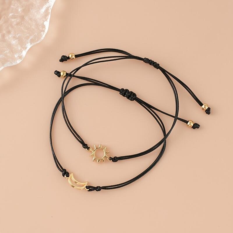 Friendship Bracelets - Adjustable Black Cord with Gold Sun and Sier Moon Charms