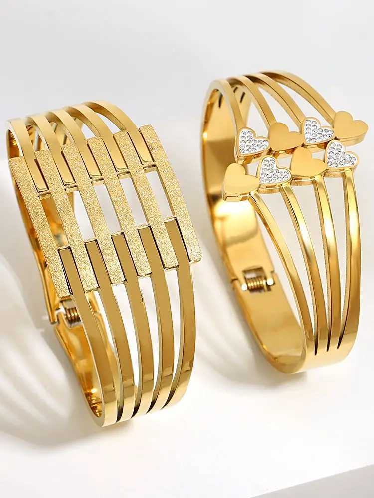 ALLYES Trendy Chic 18K Gold Color Stainless Steel Bangles Bracelets for Women Heart Coin Zircon Leaf Geometric Fashion JewelryC250411