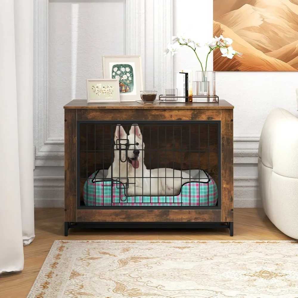 Dog cage side table with double doors and detachable pull-out tray left and right doors X250412