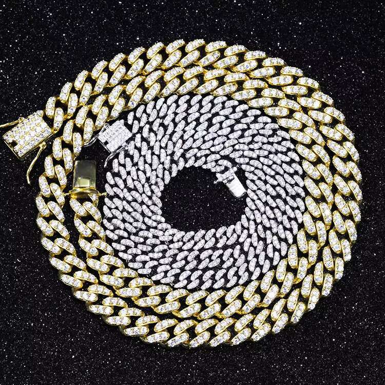 Hip Hop Light Single Row 8mm 10mm Wide Real S925 Plated Gold Moissanite Cuban Link Chain